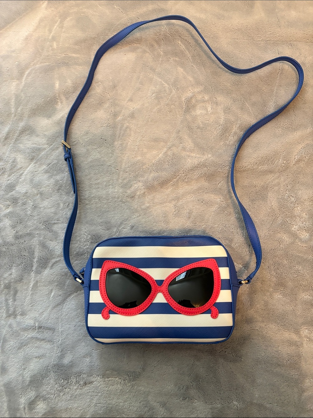 kate spade Blue White Striped Crossbody with Red Sunglasses Appliqué